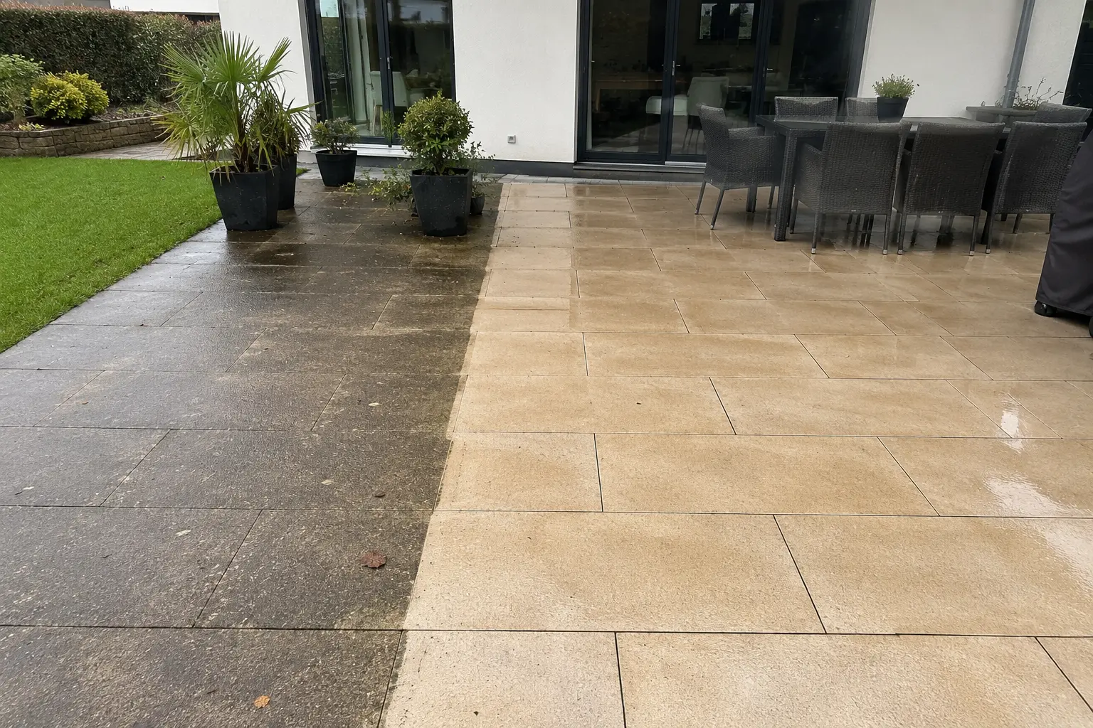 Terrassenreinigung Vorher Nachher Moosentfernung Frankfurt RELTRO