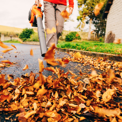 Person mit Laubsauger entfernt Herbstblätter von einem Weg.