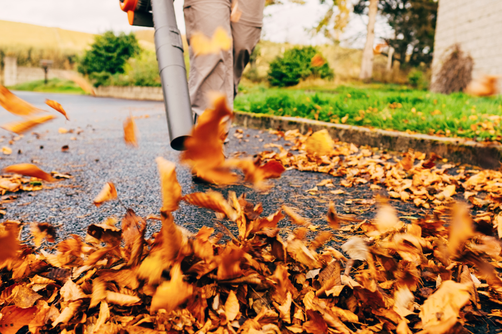 Eine Person bläst Herbstblätter auf einem Gehweg mit einem Laubbläser weg.