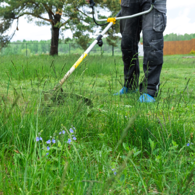 Mann mit Motorsense schneidet Gras in einer grünen Wiese mit kleinen Blumen.