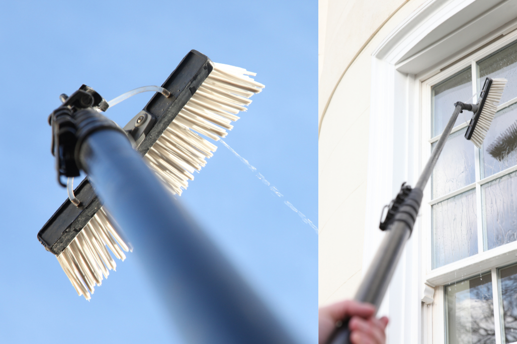 Lange Reinigungsteleskopstange mit Bürste und Wasseranschluss für Osmose-Fensterreinigung