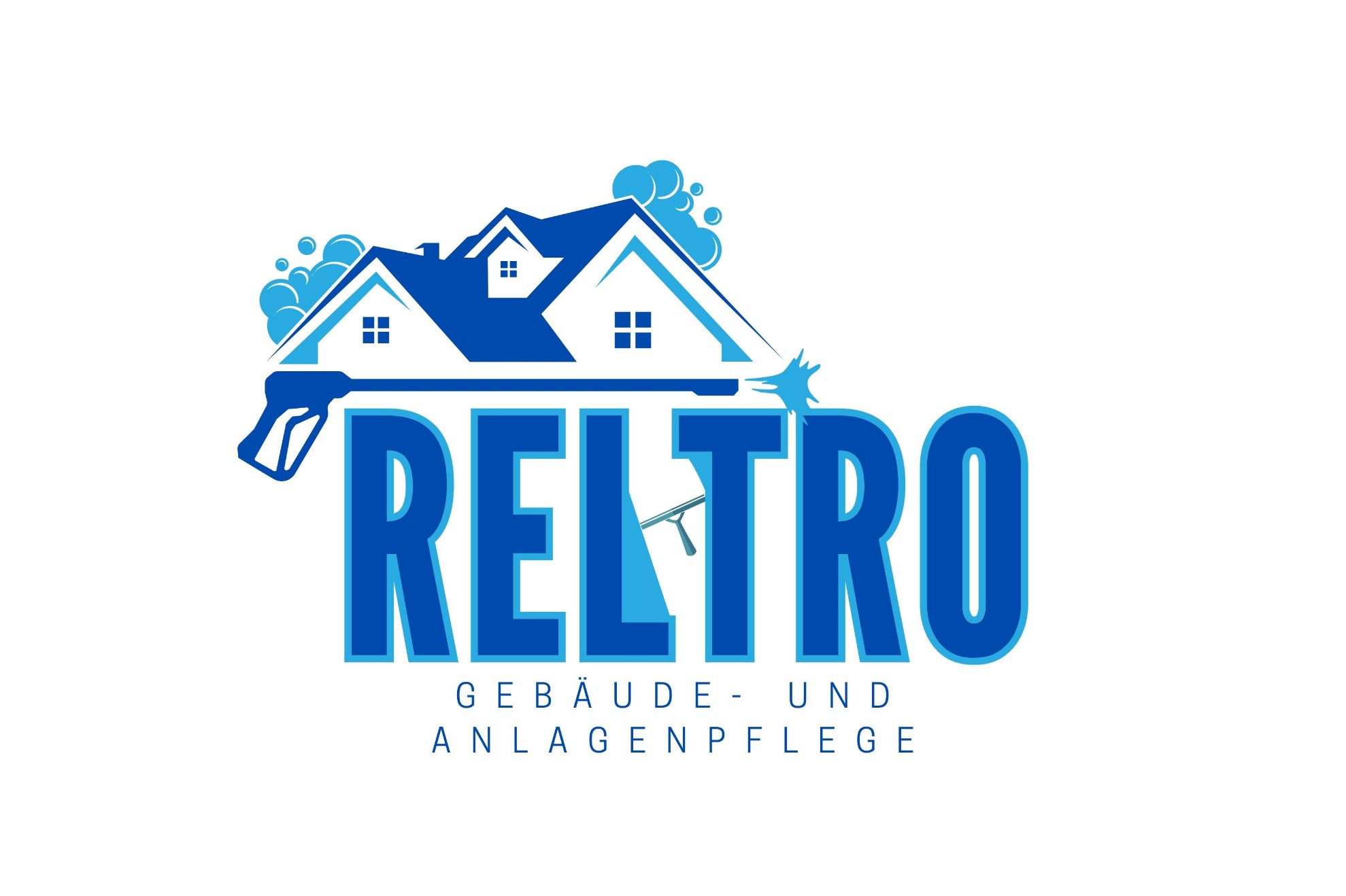 Logo von RELTRO mit stilisierten Häusern und dem Slogan "Glauben und Pflege".