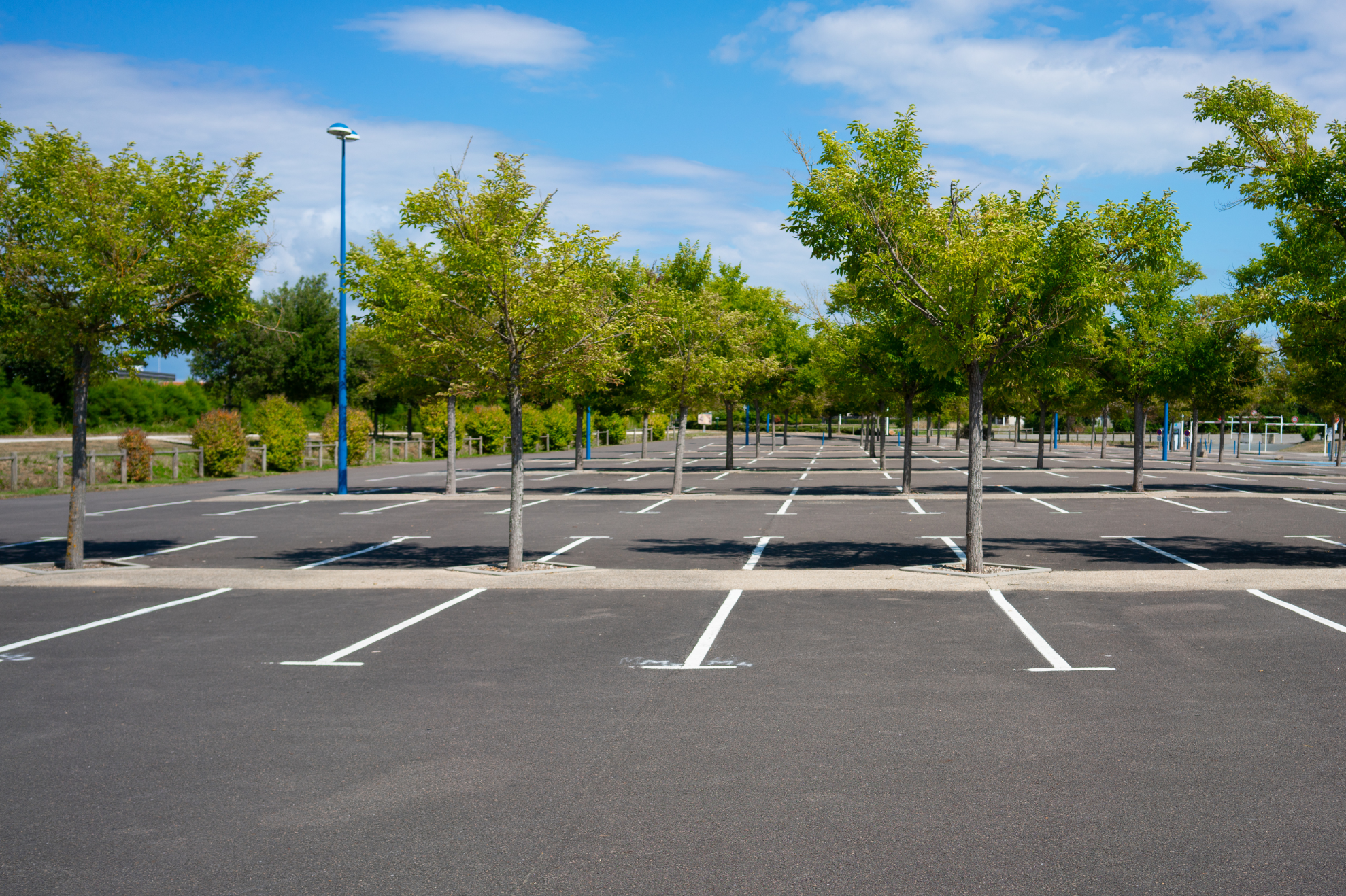 Parkplatzreinigung auf einem leeren Parkplatz mit vielen Bäumen und blauem Himmel im Hintergrund.